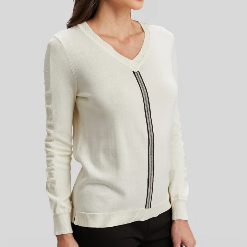 Peace of Cloth Ribbon Trim V-neck Pullover Ivory Sweater XS Ruched Sleeve K2452
